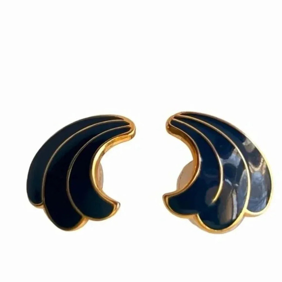 Vintage Blue Enamel Stud Earrings Gold Plated - Picture 2 of 2